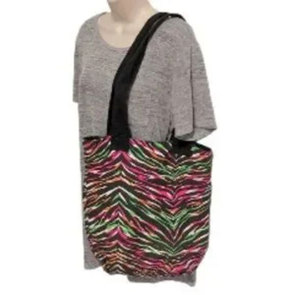 RAINBOW Zebra Canvas Tote Bag Neon Colors 14 x 14 x 4 inches - Picture 2 of 8